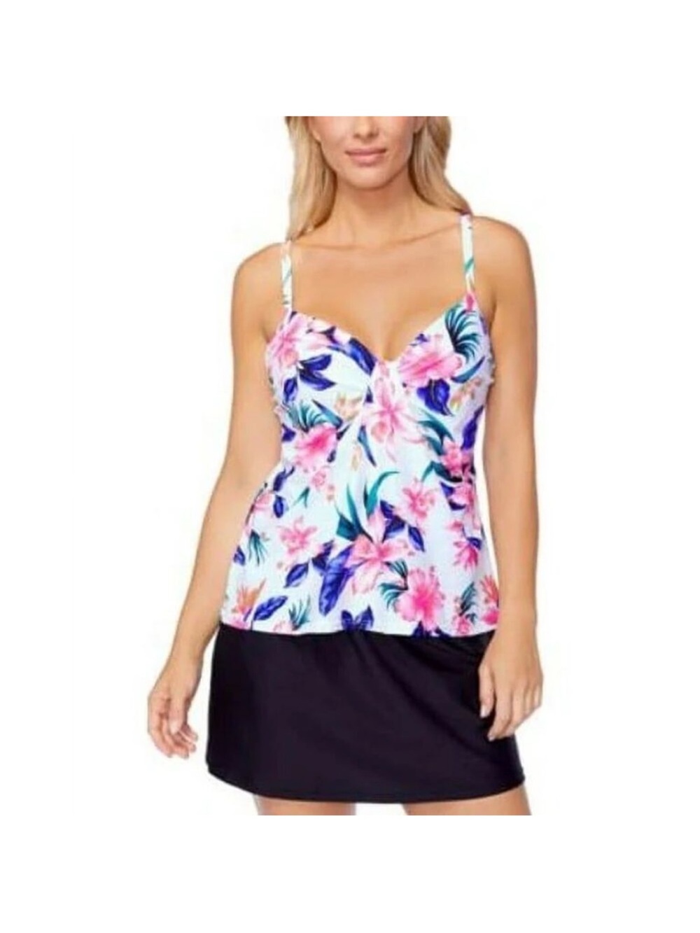 Island Escape Floral V-Neck Tankini Top - Pink & Blue Floral